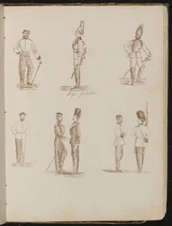 Acht studies van staande soldaten in uniform, met opschrift 