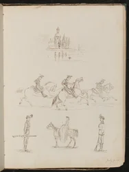 Vijf studies van een kerk, soldaten in vol ornaat te paard, een soldaat op wacht en een studie van een vrouw die zijwaarts rijdt