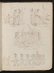 Vier bataljonsscènes met opschrift "Wimbledon", "Down South", "The Yankee Volunteers", "The British Ditto" met verschillende soldatentypes