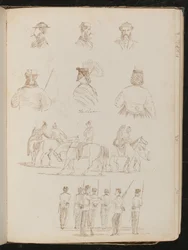 Vier studies van mannelijke bustes, twee van een vrouw met parasol, studie van een groep mannen en een vrouw te paard, studie van een groep soldaten
