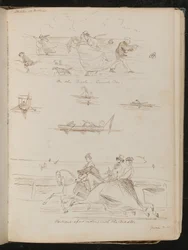 "Op de Parade, een winderige dag", boten met dagjesmensen, ruiters te paard met opschrift "rijden met de meester"