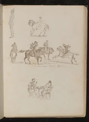 Soldaat in volledig uniform, studies van een jongeman met hengel te paard, vier mannen te paard met inscriptie "Piëmontese Cavalerie Officieren"
