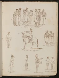 Studies van acht soldaten met opschrift 