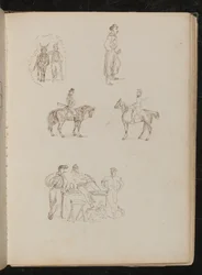Studies van mannelijke figuren met paarden, studie van een rokende soldaat met zwaard, studie van drie fruitverkopers met kraam