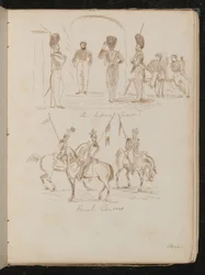 Studies van soldaten met inscriptie "Keizerlijke Garde", soldaten te paard met vlaggen met inscriptie "Franse Lansiers"