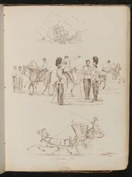 Studie van een schip op water, studie van acht soldaten en vijf paarden, studie van een paard en wagen met vrouwelijke ruiter