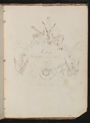 Studie van Kunstenaarsmaterialen, Vlinder, Bloemen, Vlaggen, Klifgezicht en Krans in Wapenschildformatie Rondom Inscriptie "Geëindigd 12 Augustus 1861"