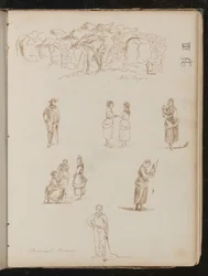 Studie van landschap met bomen en ruïnes met opschrift 