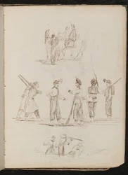 Studie van soldaten en paarden