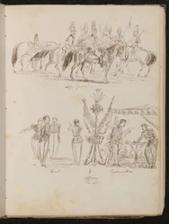Studie van soldaten te paard met inscriptie "Life Guards", studie van groepen soldaten met vlaggen, rokend en drinkend