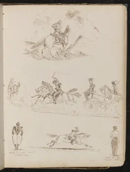 Studie van soldaten te paard die kanonnen trekken, twee uitzichten van artilleriemannen, een soldaat in vol ornaat op galopperend paard