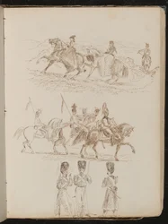 Studie van twee vrouwen en een man rijdend in heuvelachtig landschap, studie van soldaten te paard, studie van drie wachters in gesprek