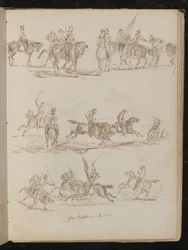 Drie Studies van Soldaten te Paard Ingeschreven "Garibaldische Cavalerie"