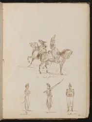 Twee soldaten te paard met opschrift 