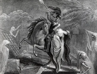 Lenore rijdt met de Dood, illustratie voor het gedicht Lenore door Gottfried Augustus Burger, tekening door Diana Beauclerk voor de editie van 1796 uitgegeven door Harding Pall Mall