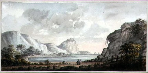 Landschap met twee figuren met uitzicht op een baai, ca. 1825
