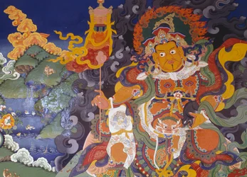 Fresco met kleurrijke godheden, Lamayuru Boeddhistisch klooster (Lamayuru Gompa), Himalaya, Ladakh district, staat Jammu en Kasjmir, India