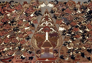 Schilderij in Wayang Beber-stijl, geïnspireerd door het schaduwtheater Wayang Kulit, Mangkunegaran-paleis, Surakarta, Java, Indonesië