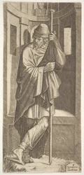 Sint Jacobus Major leunend op een paal voor een nis, zijn linkerbeen over zijn rechter gekruist, 1545