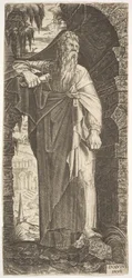 Sint Paulus staand onder een overwoekerde boog, zijn linkervoet op een rots, zijn rechterhand..., 1545