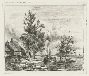 Rivierlandschap met zeilschip en boerderij