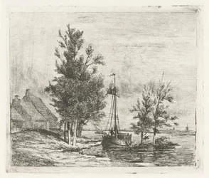 Rivierlandschap met zeilschip en boerderij