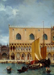 Maritieme handel voor het Dogenpaleis. Detail van het uitzicht op een deel van het hertogelijk paleis en de piazzetta in Venetië.