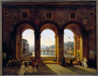 Zicht op Florence Ponte Vecchio. Schilderij door Theodore Turpin De Crisse (1782-1859)