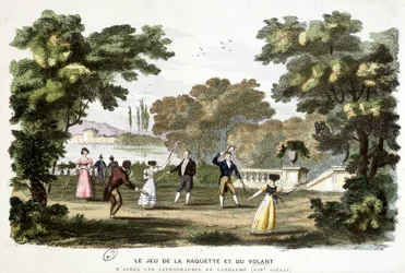 Oude spelen: het spel van racket en shuttle, voorloper van badminton, gebaseerd op een lithografie van Langlumé 19e eeuw