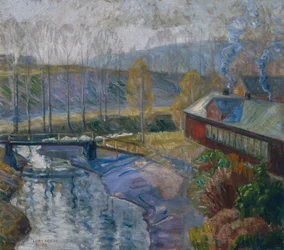 Landschap met huis en rivier