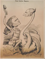 Richard Wagner als zwaan en Cosima Wagner als Leda Omslag van Die Bombe, 1875