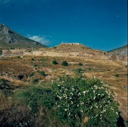 Zicht op de oude stad Mycene, in de Peloponnesos (1500-1100 v.Chr.) Griekenland