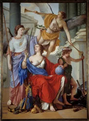 Allegorie van het Regentschap van Anna van Oostenrijk (1601-1666). De regentes is omringd door een allegorie van Roem en Vrede. De context is die van de Dertigjarige Oorlog, Frankrijk ontving Vrede van Overwinning, allegorie van het Verdrag van Westfalen i