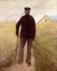 Oude man wandelend in een roggeveld