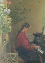 Yvonne de dochter van de kunstenaar speelt piano, ca. 1905