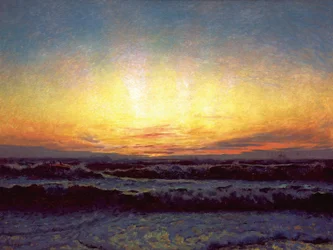 De Noordzee bij stormachtig weer. Na zonsondergang. Højen