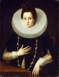Portret van een dame, zittend half lengte, gekleed in een zwart kostuum met witte kraag