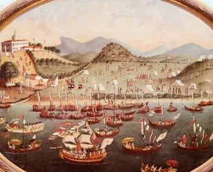 Processie van boten op het water voor Lazares Hospital, Rio de Janeiro