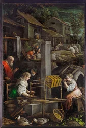 July (Spinnen en weven) (schilderij op doek)