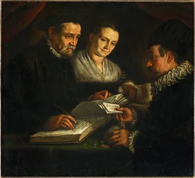 De geldwisselaar Orazio Lago, zijn vrouw en een klant (schilderij op doek)