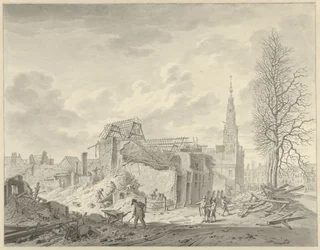 Gezicht op het Rapenburg te Leiden na de Buskruitramp van 12 januari 1807