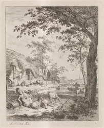 Herderin met schapen voor een boerderij Landschappen met figuren
