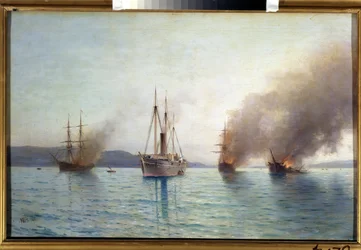 Russische torpedoboot Grand Duke Konstantin vernietigt Turkse schepen in de Bosporus in 1877