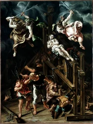 Het martelaarschap van St. Catharina De maagd ondergaat het martelaarschap van het rad. Schilderij door Lelio Orsi (1511-1587) 1560 ca. Zon. 88x66,5 cm Modena, Galleria Estense