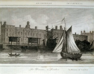 Londense douane op de rivier de Theems, Engeland (gravure)