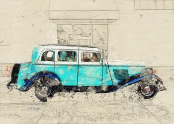 Schets van een klassieke blauwe auto