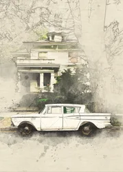 Schets van een oldtimer en een oud huis