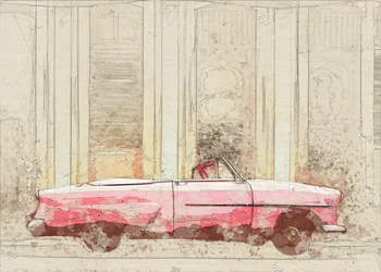 Schets van een vintage roze cabriolet