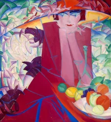 Dame met grote hoed in het zomerhuis. 1913