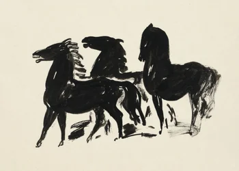 Drie Zwarte Paarden Staand Naar Links Kijkend (1935-1936), tekening in hoge resolutie door Leo Gestel